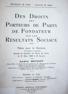 Des droits des porteurs de parts de fondateur sur les résultats sociaux