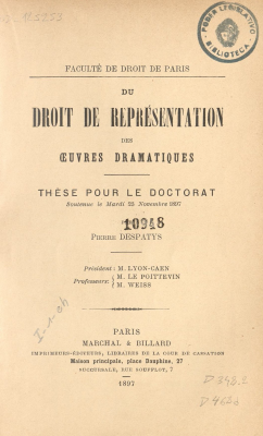 Du droit de repr&eacute;sentation des oeuvres dramatiques
