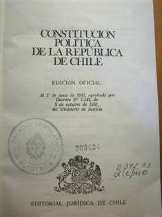 Constitución política de la república de Chile : al 1o de junio de 1981, aprobada por Decreto No 1.345, de 8 de octubre de 1981, del Ministerio de Justicia.