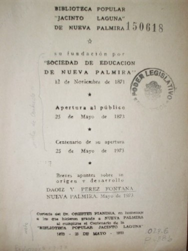 Biblioteca Popular "Jacinto Laguna" de Nueva Palmira : Breves apuntes sobre su origen y desarrollo