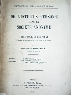 De l'intuitus personae dans la societé anonyme : thèse pour le doctorat