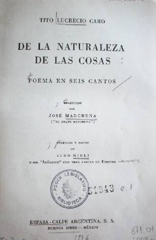 De la naturaleza de las cosas : poema en seis cantos