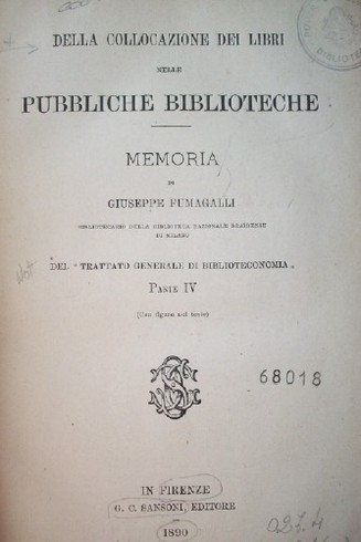 Della collocazione dei libri nelle pubbliche biblioteche : memoria