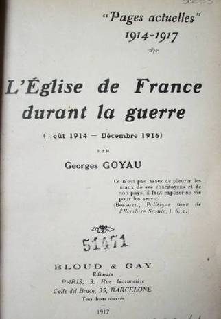 L'eglise de France durant la guerre (oût 1914- décembre 1916)