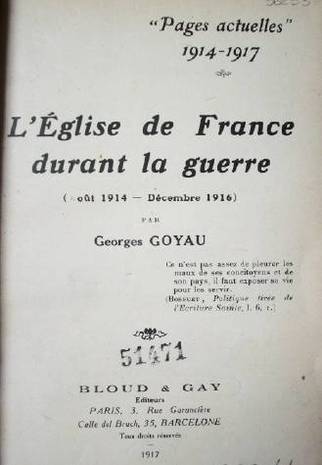 L'eglise de France durant la guerre (oût 1914- décembre 1916)