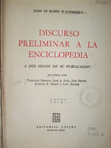 Discurso preliminar a la enciclopedia : a dos siglos de su publicación