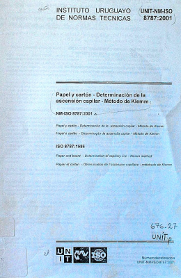 Papel y cartón : determinación de la ascensión capilar : método de Klemm: NM-ISO 8787:1986