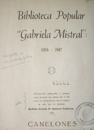 Biblioteca Popular "Gabriela Mistral" : 1934-1947