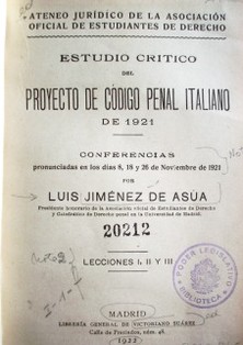 Estudio crítico del proyecto de Código Penal italiano de 1921
