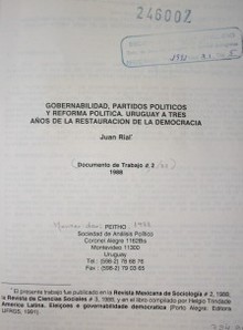 Gobernabilidad, partidos políticos y reforma política, Uruguay a tres años de la restauración de la democracia