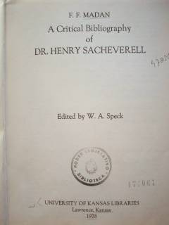 A Critical Bibliography of Dr. Henry Sacheverell