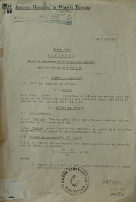 Norma para cementos : método de determinación de finura por tamizado seco con tamices UNIT 149 y 74