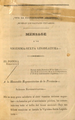 Mensage [sic] [del Gobierno de Buenos Aires] a la Vigésima-sexta Legislatura