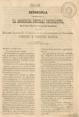 Memoria presentada á la Asamblea Jeneral Lejislativa (sic), en el tercer período de la séptima lejislatura [sic] por el Ministro Secretario de Estado en el departamento de Hacienda