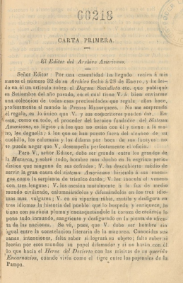 [Carta primera : el editor del Archivo Americano]