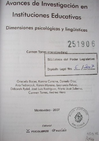 Avances de investigación en instituciones educativas : dimensiones psicológicas y lingüísticas