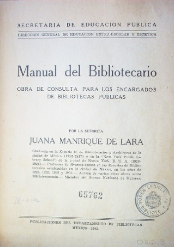 Manual del Bibliotecario : obra de consulta para los encargados de bibliotecas públicas