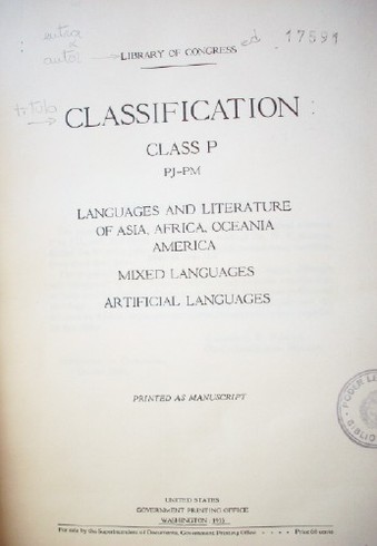 Classification : class P: PJ-PM: languages and literature of Asia, Africa, Oceanía, América, mixed languages, artificial languages