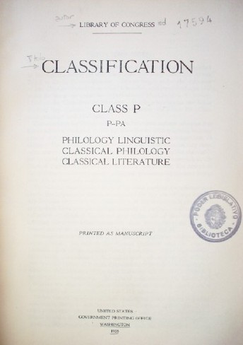 Classification : class P: P-PA: philology linguistic, classical philology, classical literature