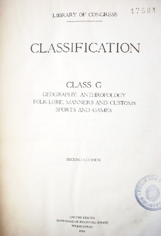 Classification : class G : geography, antropology, folk-lore, manners and customs sports and games