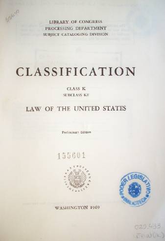 Classification : Class K : Subclass KF : Law of the United States