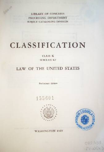 Classification : Class K : Subclass KF : Law of the United States
