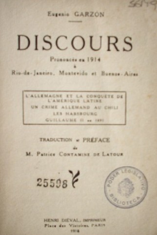 Discours : prononcés en 1914 a Río de Janeiro, Montevideo et Buenos Aires