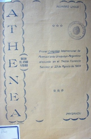 Congreso Internacional de Acercamiento Uruguayo-Argentino ( 1er. : 1939, Ago.  20  : Paysandu, Uruguay)