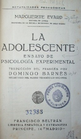 La adolescente : ensayo de psicología experimental