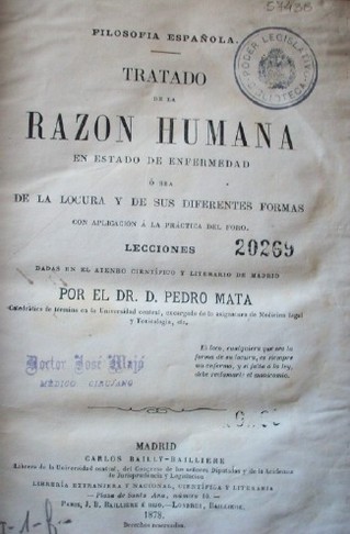 Tratado de la razón humana : en estado de enfermedad ó sea de la locura y de sus diferentes formas