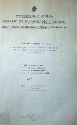 Comportamiento animal : Síntesis expositiva y crítica adaptada a los cursos para la Licenciatura en Ciencias Biológicas y en Psicología