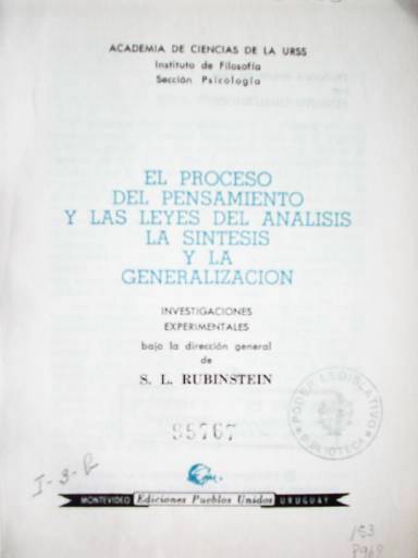 El proceso del pensamiento y las leyes del análisis, la síntesis y la generalización : investigaciones experimentales