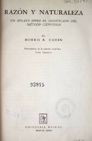 Razón y naturaleza : un ensayo sobre el significado del método científico