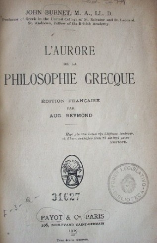 L'aurore de la philosophie grecque