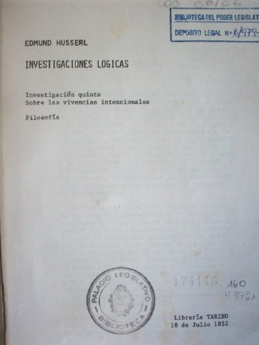 Investigaciones lógicas : investigación quinta sobre las vivencias intencionales