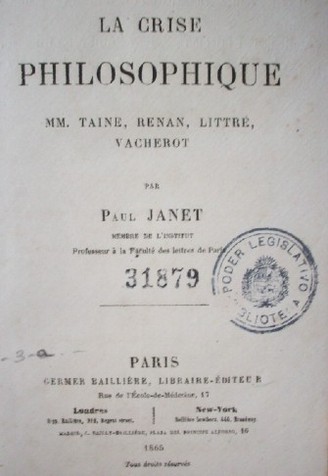 La crise philosophique : MM. Taine, Renan, Littré, Vacherot