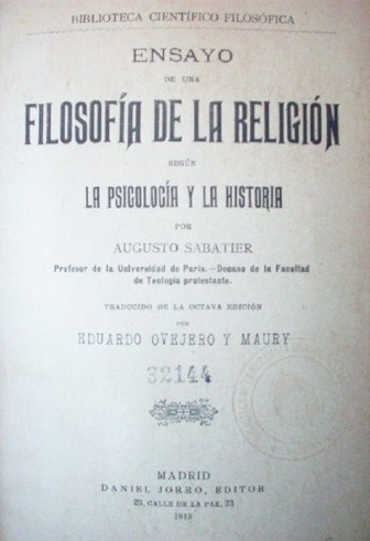 Ensayo de una filosofía de la religión según la psicología y la historia