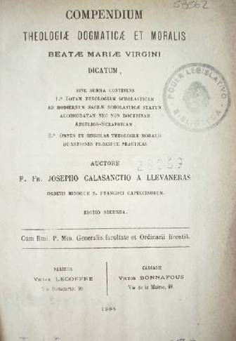 Compendium.  Theologiae dogmaticae et morale : beatae Mariae Virgini.
