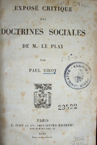 Exposé critique des doctrines sociales de M. Le Play
