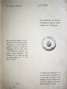 Las sentencias de divorcio extranjeras producen plena prueba en el Uruguay