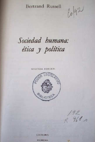 Sociedad humana : ética y política